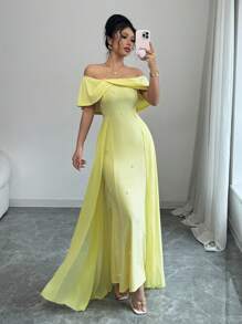 Rafferiza French Elegant Cocktail Party Wedding Guest Off Shoulder Ruched Bodycon Chiffon See-Through Flowy Mermaid Dress, Yellow, Women, Spring/Summer - Yellow - View 5