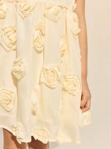 SHEIN Leap Crew 年轻女孩优雅杏色编织 3D 花卉泡泡袖圆领连衣裙，春夏 - 卡其色 - 查看 6