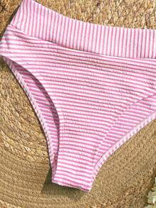 SHEIN VCAY Women 2pcs/Set Strap Striped Bikini Set, High Waist Triangle Swimwear - Pink - View 3