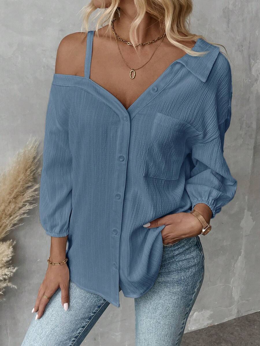 SHEIN Essnce Blusa holgada y casual de estilo callejero con hombros caídos, cuello asimétrico y unicolor, para primavera y verano, nueva moda