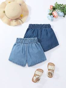 2pcs/Set Girls Casual Simple Versatile Loose Comfortable Denim Shorts, Light Blue & Medium Blue Washed With Ruffle Waistband, Summer 2025 New Arrivals, Suitable For Everyday Wear & Leisure Activities, School, Campus, College - Multicolor - View 2