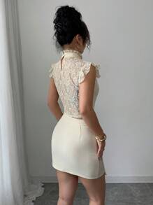 Elenzga 2 件女士优雅浪漫蕾丝拼布盖袖蝴蝶结领衬衫套装 - 杏色 - 查看 2