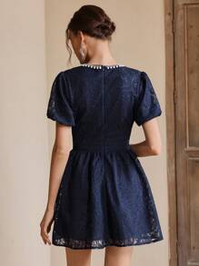 Anewsta 时尚优雅的女士蕾丝泡泡袖收腰珍珠装饰中长连衣裙，适合节日、外出、度假装、春夏季 - 寶藍色 - 查看 2