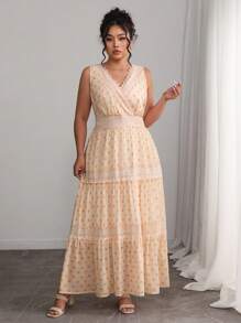 SHEIN Clasi Plus Size Women Foil Polka Dot Contrast Lace V Neck Sleeveless Dress - Apricot - View 4