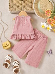 Babymeisje Zomer Schattig Effen Kleur Ruffle Trim Camisole En Lange Broek Set