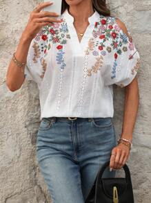 SHEIN Clasi 女士优雅刺绣领露肩宽松白色衬衫，春夏 - 彩色 - 查看 5