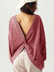 Bohemela BOHO Casual Plain Knit Twist Back Loose Long Sleeve Pullover Hoodie For Women Work Blouses For Women Open Back Top Open Back Shirt - Red - View 6