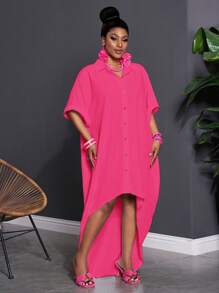 Slaydiva Plus Size Women 3/4 Sleeve Button Down Loose Fit Shirt Dress - Hot Pink - View 4