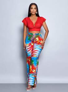 SOLERSUN Women 2 Pieces Set: Solid Color Ruffle Lantern Sleeve Crop Top & Tropical Plant Print Pants, Vacation Style - Red - View 5