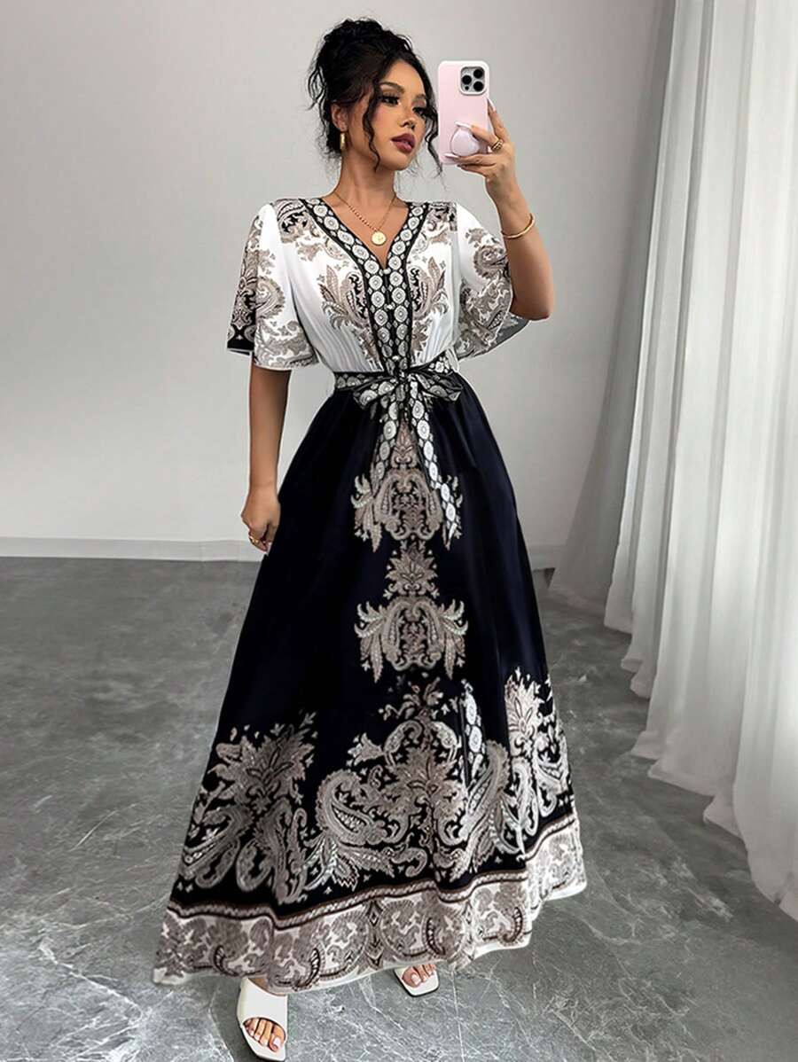 Rafferiza Đầm dài chữ A in hoa tay ngắn dáng rộng cho kỳ nghỉ hè dành cho nữ - Nhiều màu - Xem 1