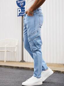 Manfinity Homme Men's Light Wash Denim Cargo Jeans: Zipper Detail Long Length Modern Style - Light Wash - View 4