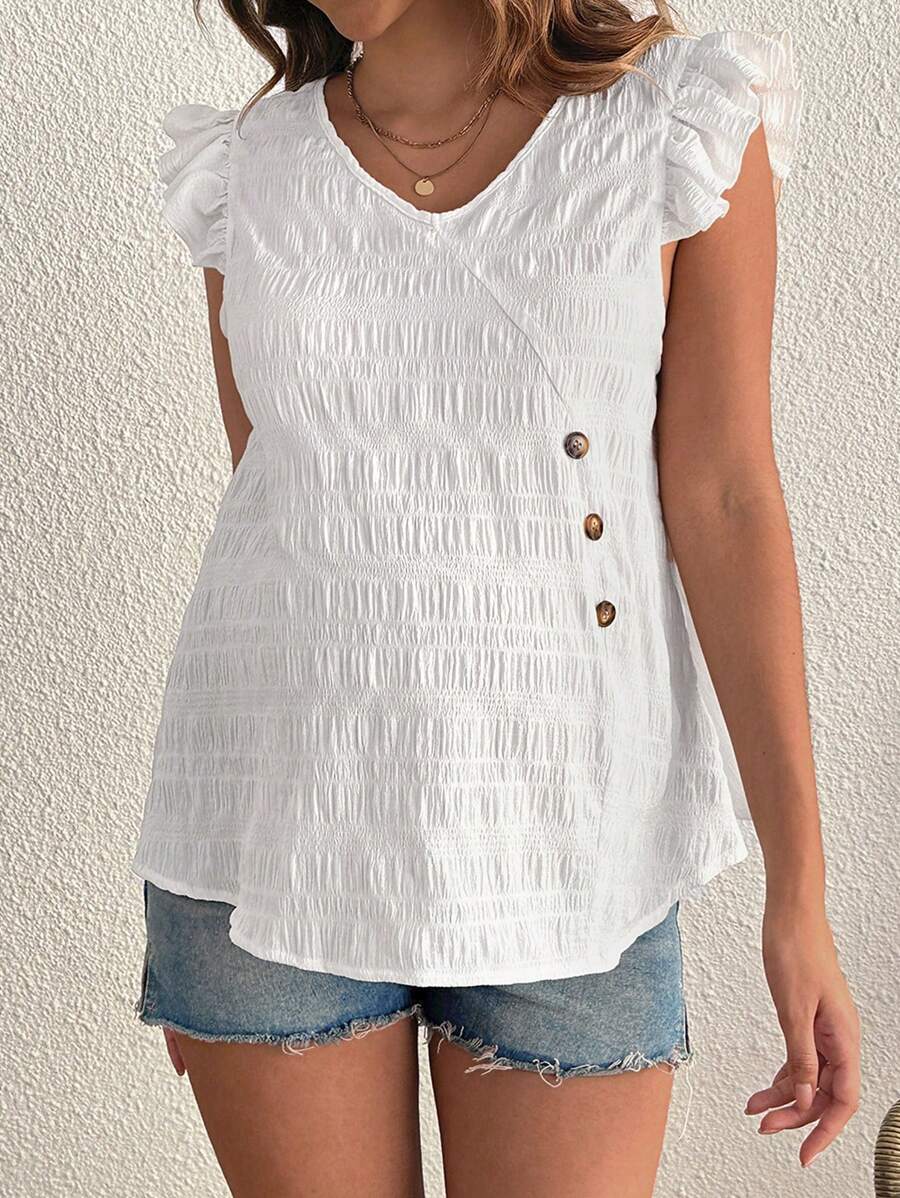 SHEIN 孕妇纯色纽扣 V 领荷叶边袖度假衬衫 - 白色 - 查看 1