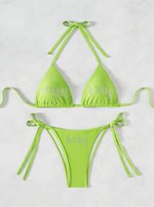 Swim EVENT Summer Vacation Beach Rhinestone Bikini Set - Green - View 5