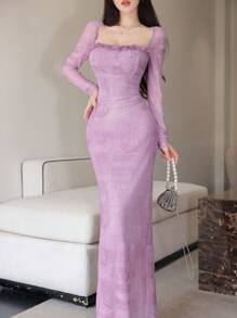 Modelyn Women's Mesh Contrast Lace Trim Fitted Elegant Sexy Dress - Purple - View 7