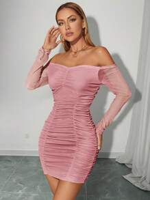 Firerie Vestido ajustado de manga larga con hombros descubiertos y volantes de unicolor sexy - Rosa - Ver 4