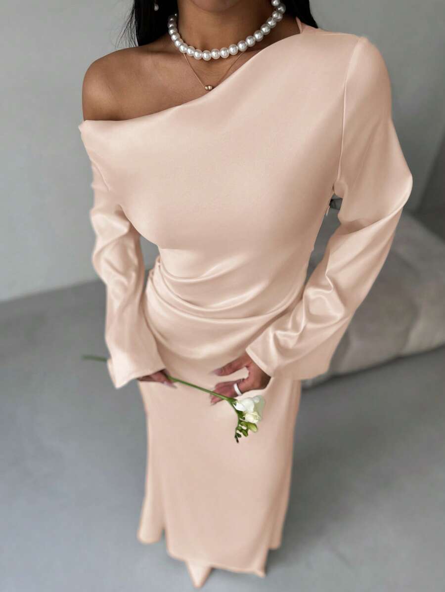 Aloruh Light Pink Elegant Satin Asymmetric Ruched Flare Long Dress With Cinched Waist, Suitable For Valentine's Day,Pastel Dresses For Women - Khaki - View 1