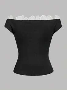 SHEIN Privé 女士优雅新款蕾丝露肩拼色假日上衣 - 黑色 - 查看 2