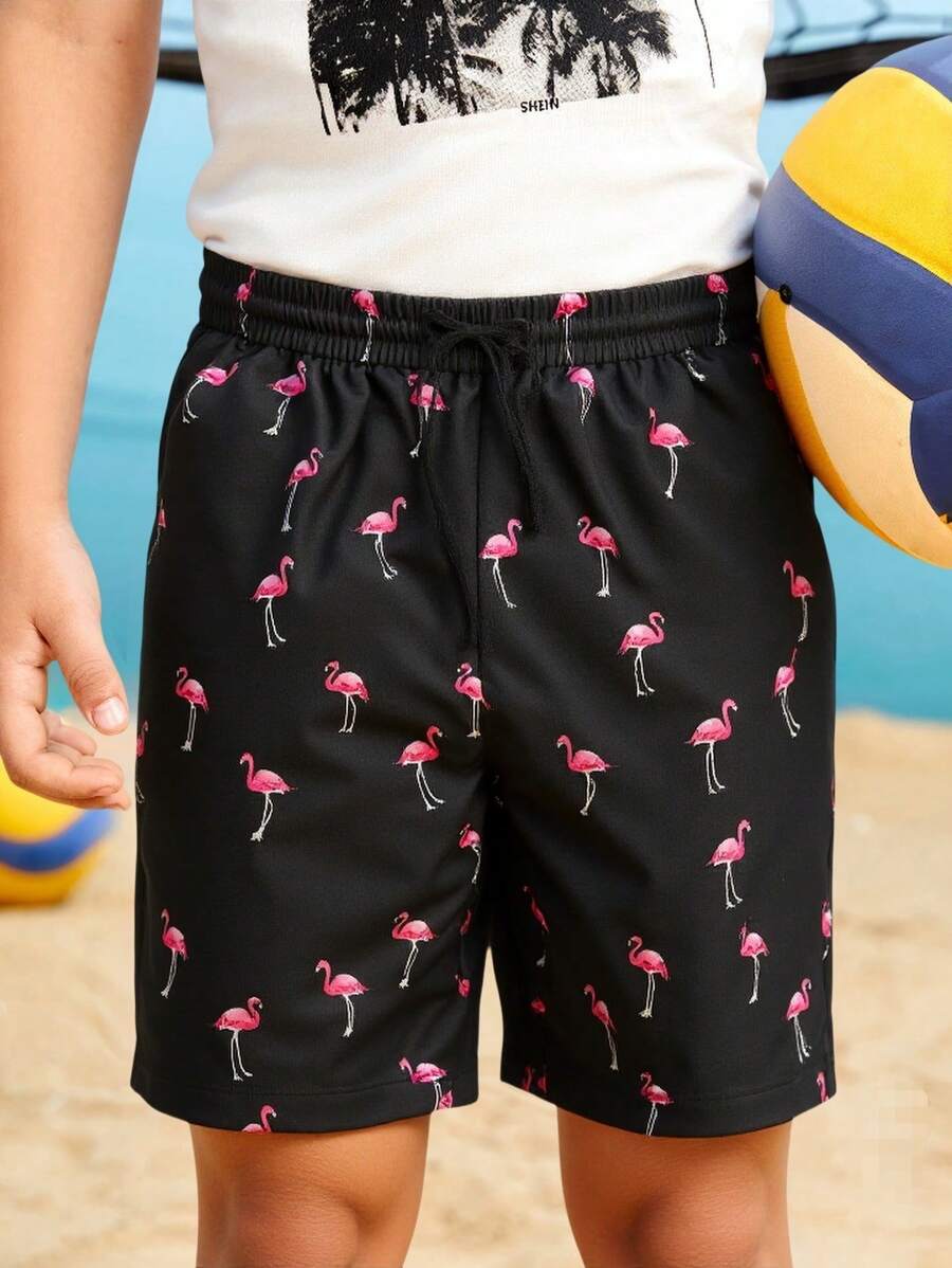 SHEIN Tween Boy Flamingo Print Drawstring Waist Swim Trunks - Black - View 1