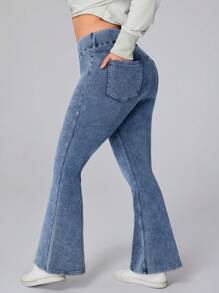 SHEIN CURVE+ 大码女式松紧腰喇叭休闲百搭牛仔裤 - 藍色 - 查看 2