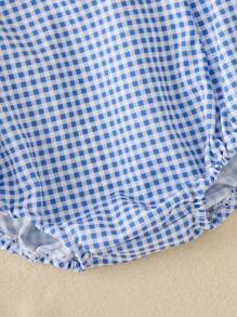 SHEIN Shorts pour bébés filles, style coréen décontracté, mignons à carreaux bleus avec décoration de boutons, convenant à diverses occasions, été
