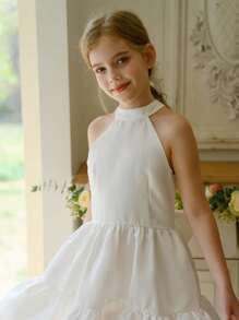 A White Bow Patchwork Dress For Tween Girls Has Hit The Market. Comfortable, Stylish, Elegant And Generous For Everyday Wear. - White - View 3