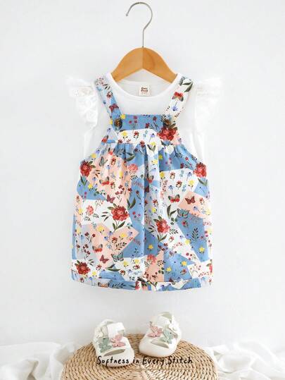 Cozy Pixies 2pcs Baby Girl Set: Crew Neck Short Sleeve Crop Top And Bib Overalls Shorts