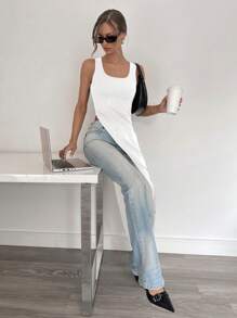 Siren Gaze Camiseta de tirantes de mujer extra larga con abertura lateral, nueva colección primavera/verano en tonos oscuros