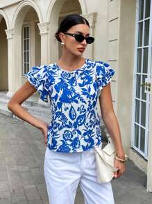 SHEIN Frenchy Women's Round Neck Double Layer Frill Sleeve Floral Print Vacation Blouse