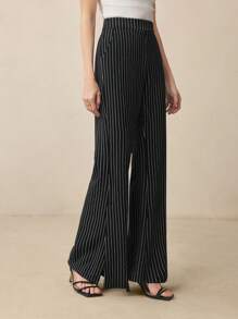 BizChic 女式黑色条纹直筒裤，春夏季办公室服装 - 黑色 - 查看 4