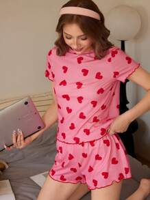 SHEIN Leap Crew Teen Girl Heart Print Ruffled Edge Short Sleeve & Short 2pcs Soft Simple Flame Retardant Pajamas Set Strawberry Girls Clothes For Teen Pj Set For Teen Girls Cute Clothes