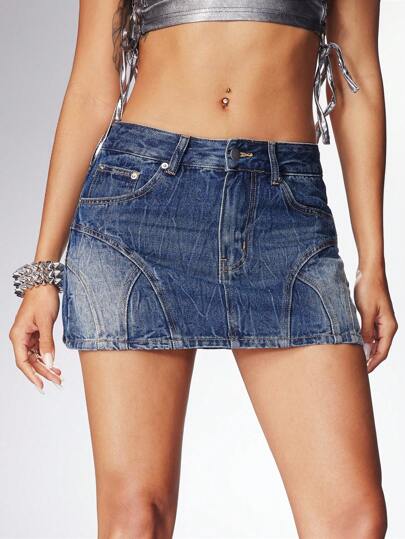 Grunge Punk تنورة مينى جينز مقصوصة بخط منقسم ذات خصر منخفض جدا بطراز فينتاج Y2K، مناسبة لملابس الرقص والمهرجانات