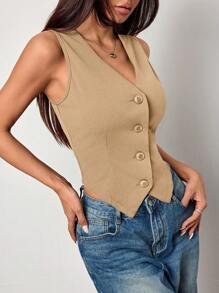 K-Vae Atasan Tank Top Wanita Kasual Warna Polos Rajut Leher V Pas Badan untuk Musim Gugur/Dingin - Khaki - View 6
