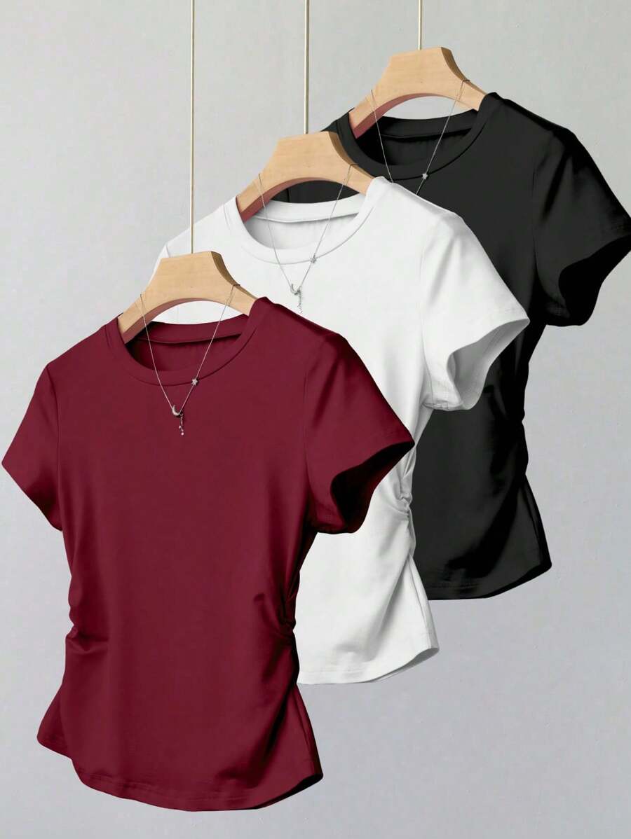 3-Piece Tween Girls Casual Plain Cinched Waist Short Sleeve T-Shirt Tops Set