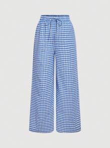 SHEIN MOD Blue & White Plaid Straight Leg Pants With Elastic Waist, Casual Plus Size Women Maxi, Loose Waist Low-Rise Plaid Long Pants, Spring Trousers,Baggy Pants,Linen Pants,Beach Casual Wear - Blue and White - View 1