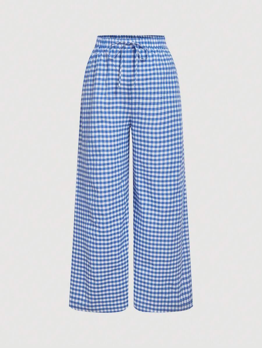 SHEIN MOD Blue & White Plaid Straight Leg Pants With Elastic Waist, Casual Plus Size Women Maxi, Loose Waist Low-Rise Plaid Long Pants, Spring Trousers,Baggy Pants,Linen Pants,Beach Casual Wear - Blue and White - View 1