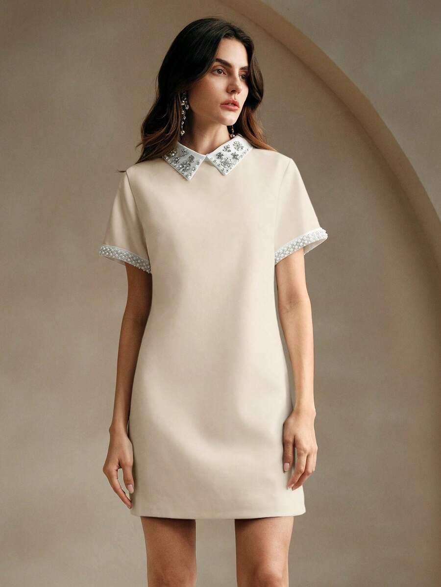 Anewsta Elegant Women's Pearl Embellished Collar Short Sleeve Dress - Apricot - View 1