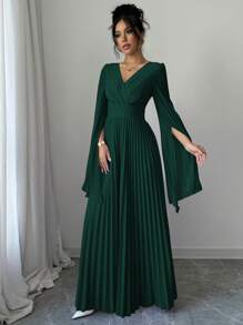 Elenzga Decolteu V Plis Maneca Deschisa Rochie Eleganta Romantica Femei Tinuta Maxi Femei - Verde Armată - Vizualizare 4