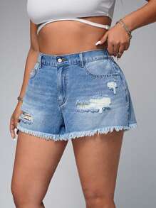 SHEIN EZwear Shorts vaqueros informales y versátiles de talla grande para mujer con bolsillos y dobladillo deshilachado