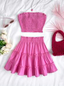 SHEIN Leap Crew Teen Girls Beach Vacation Elegant Pink Crinkle Texture Ruffled Camisole Top & Ruffle Hem Skirt 2 Pieces Set - Pink - View 1