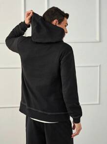 RueChic Men Contrast Stitch Letter Printed Regular Hoodie - Black - View 2
