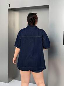 SHEIN ICON Plus Size Casual Loose Short Sleeve Denim Jacket - Blue - View 2