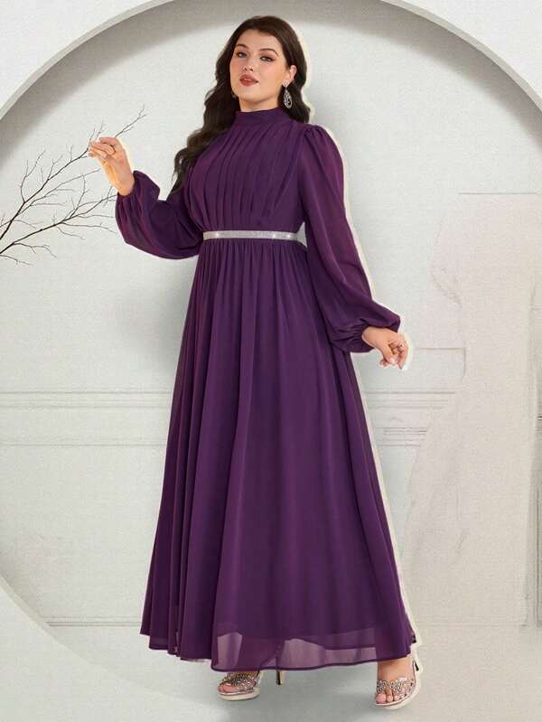 Veilorie Elegantes arabisches Kleid in Große Größen für Damen, Stehkragen, Laternenärmel, plissiert, bescheiden, einfarbig