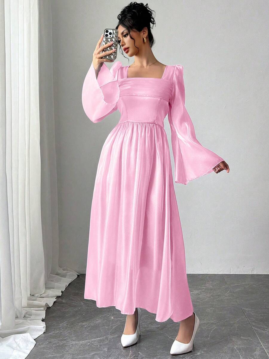 Chiquease Elegant Ice Blue Satin Ruffled Sleeve Dress - Pink - View 1