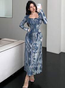 DAZY Vestido midi envolvente con efecto tie-dye para mujer, estilo sexy, vestido elegante de manga larga para primavera y otoño - Azul Marino - Ver 7