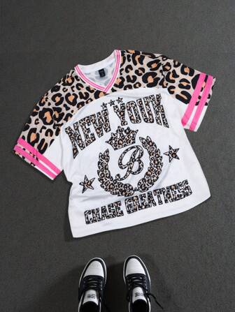 Prep Camiseta tipo jersey con cuello en V y estampado de leopardo, de manga corta, estilo deportivo de fútbol, casual y de moda, adecuada para uso diario