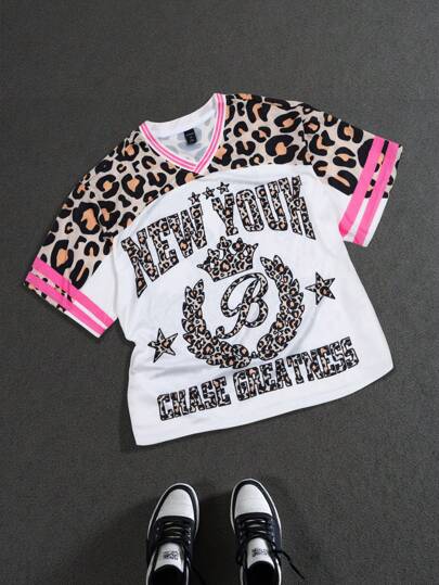 Prep تي شيرت كاجوال قصير الأكمام بياقة على شكل حرف V طبعة نمر أسلوب جيرسي كرة القدم للرجال، بسيط وعصري، مناسب للاستخدام اليومي