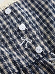 ROMWE Academia 复古休闲学院风复古门襟纽扣格子刺绣蝴蝶结细肩带蕾丝边女式吊带背心