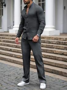Manfinity Homme Men's Solid Color Long Sleeve Shirt And Long Pants 2 Pieces Casual Set, Men Outfits 2 Pieces