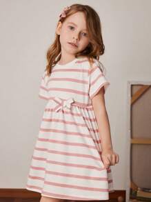 PrepCrw 春夏少女学院风粉色和白色条纹针织短袖运动衫连衣裙