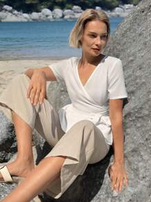 EMERY ROSE 2 件套女士纯色系带短袖上衣和长裤 - 白色 - 查看 2